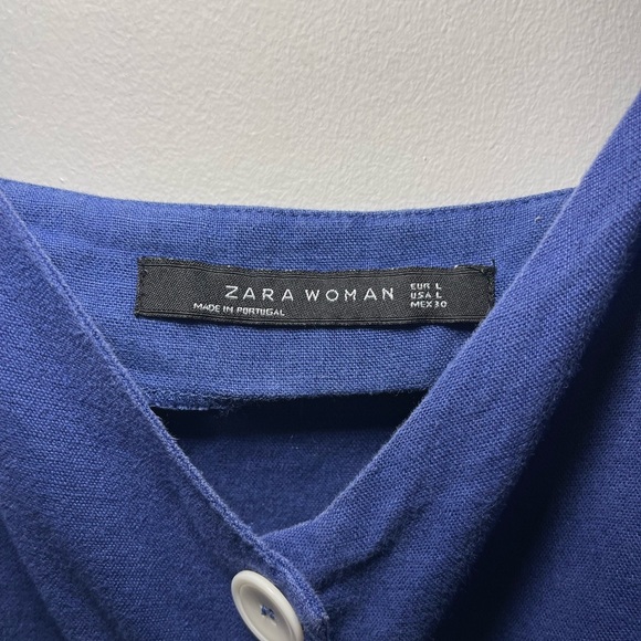 Zara Women’s Navy Blue v neck buttoned 100% linen coastal summer mini dress in L - Picture 4 of 6